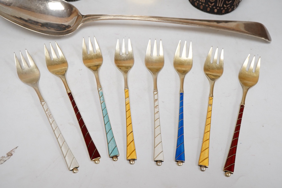 A modern silver gilt Amouage perfume bottle in the form of Oman Palace Ruwi mosque, maker possibly Asprey & Co, London, 1995, height 12.3cm, together with a George III silver Old English thread pattern basting spoon, by